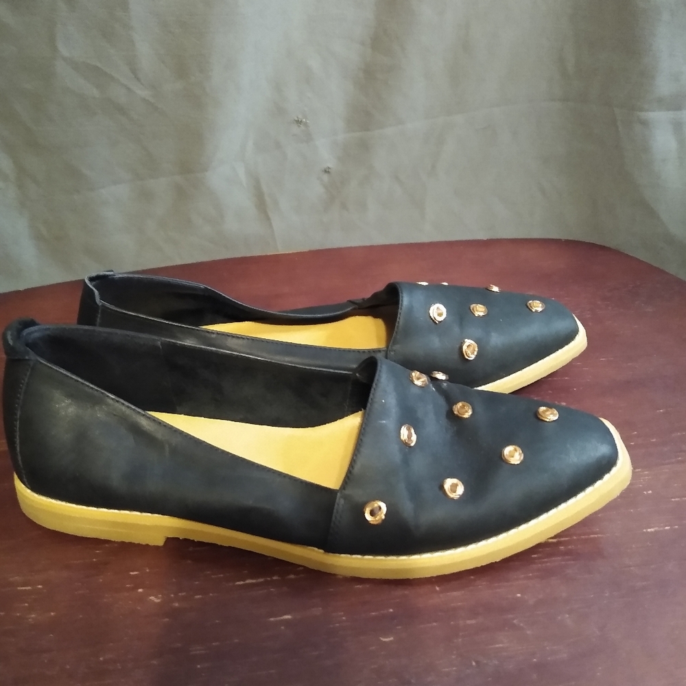 Art Effects Black Leather With Gold Studs Women's Loafers
